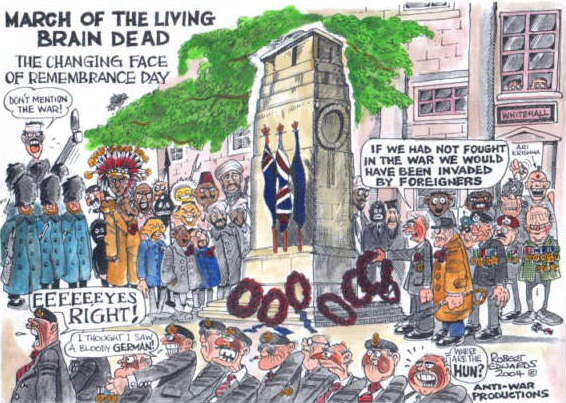 A cartoon poking fun at the Cenotaph ceremony, illustrating that while Britain officially won WWII, in reality it lost it