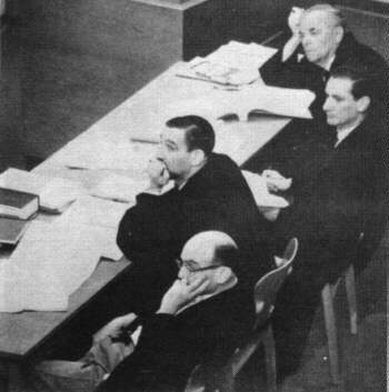 The Prosecution lawyers. Left to right, Hausner, Jacob Baror, Gabriel Bach, Jacob Robinson