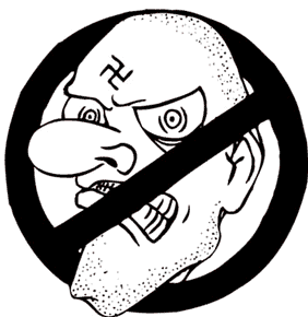Cartoon of a bonehead neo-nazi who's got his swastika wrong