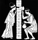 Lesser-known incident in Pyramus and Thisbe saga. After conversing for 9 years, Pyramus attempts to close gap in wall.