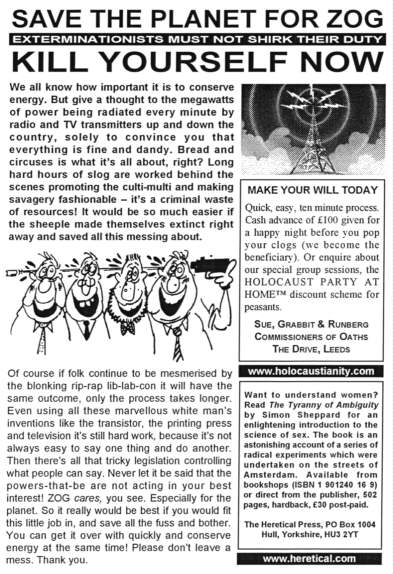 A leaflet distributed by Simon Sheppard on the theme, Kill Yourself Now!