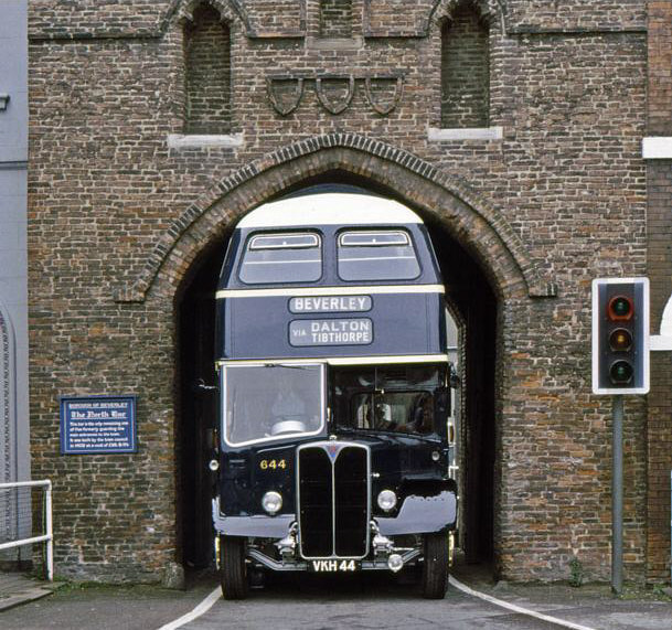 Photo of EYMS bus VKH 44 passing through the North Bar, Beverley. The buses were specially constructed to be able to do so