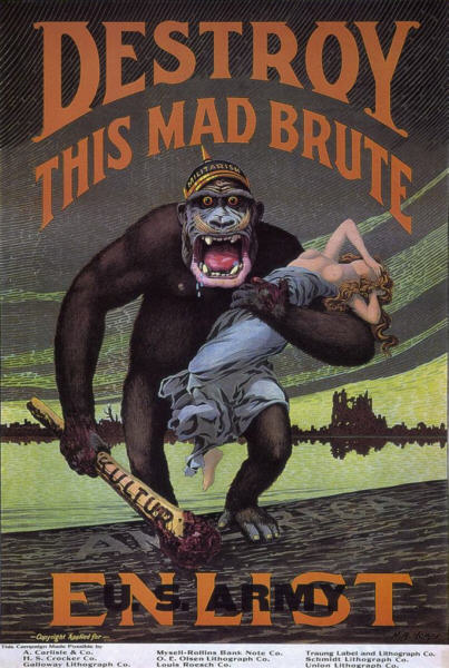 Depiction of Germany as a brute ravishing a vulnerable woman during World War One