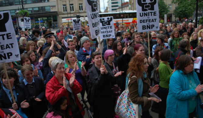 An anti-nationalist demonstration in Sheffield, June 2009, with typically numerous female participation