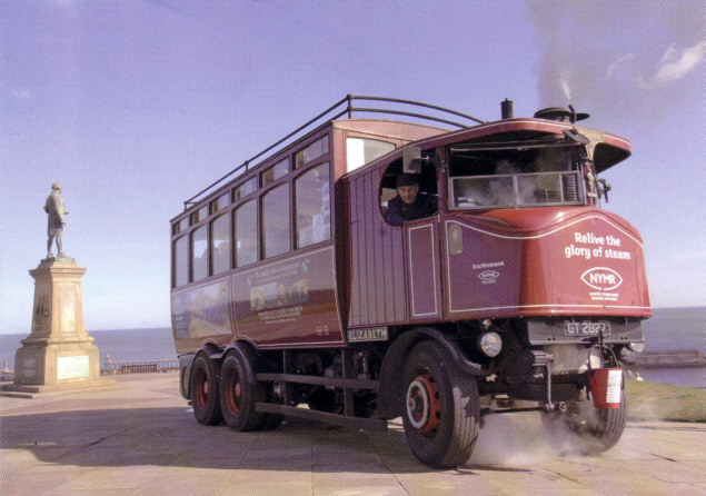 A vintage steam lorry converted to a coach. An attraction at the old seaside town of Whitby, North Yorkshire