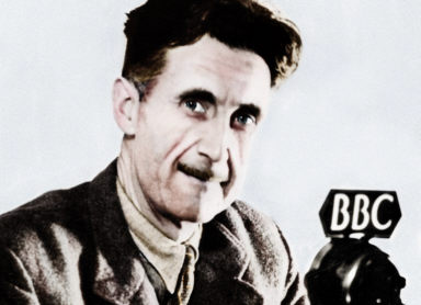 Orwell at a BBC microphone. He left the BBC shortly after the war.