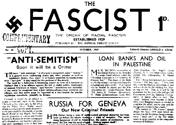 ‘The Fascist’ newspaper, October 1934, edited by Arnold Leese