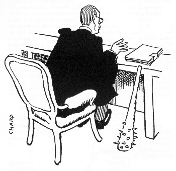 Judge with a vicious mace hidden behind the bench, cartoon by Chard