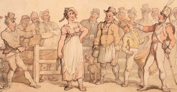 Pictorial of a wife sale at market which took place in 1812. It seems that such sales were often a cheerful affair.