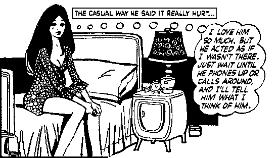 A cartoon of a teenage girl in her bedroom lamenting being spurned. ‘Just wait til he phones or comes round’ she thinks to herself.’