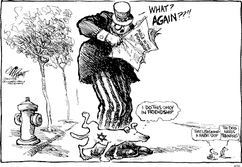 Patrick Oliphant cartoon about Israeli gratitude to the US