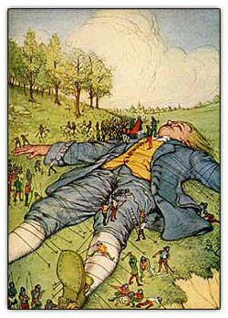 Rackham picture of Gulliver tied down by Lilliputians