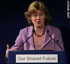 Ruth Kelly at a podium marked ‘Our Shared Future’