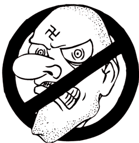 Cartoon of a bonehead neo-nazi who’s got his swastika wrong