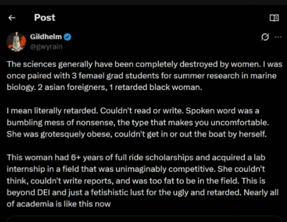 A post by 'Gildhelm' on the ruination of science by women