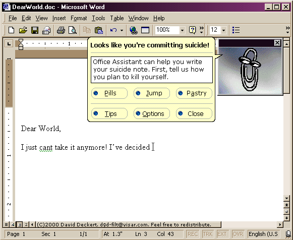 A spoof Windows message: The paperclip helps you write your suicide note