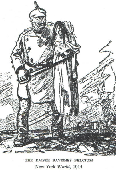 Showing the German Kaiser as a brute ravishing vulnerable and feminine Belgium