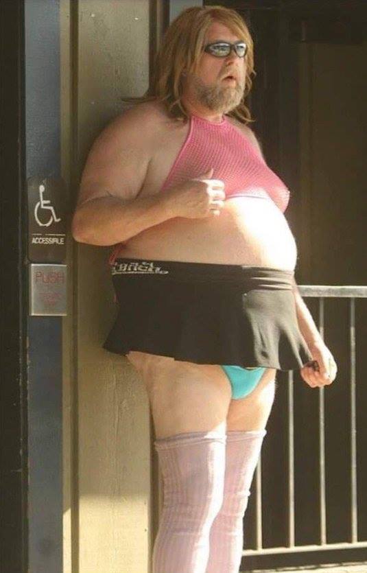Fat, bearded American man 'identifying' as a hottie in a mini skirt